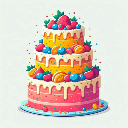 Birthday cake with berries. Vector illustration in cartoon style on white background.のイラスト素材