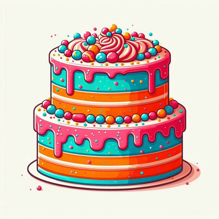 Birthday cake with colorful icing and sprinkles. Vector illustration.のイラスト素材