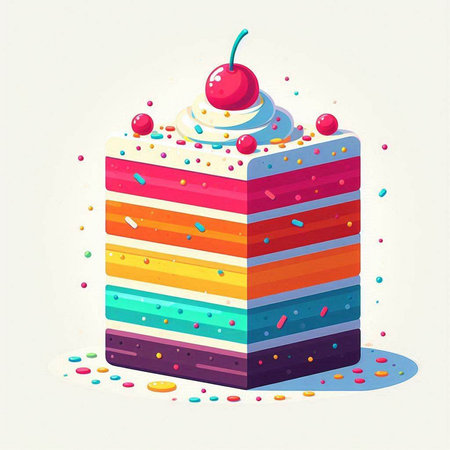 Colorful rainbow cake with cherry and confetti. Vector illustration.のイラスト素材