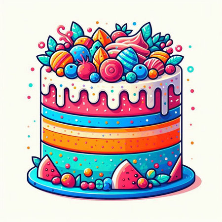 Colorful birthday cake with candies and berries. Vector illustration.のイラスト素材