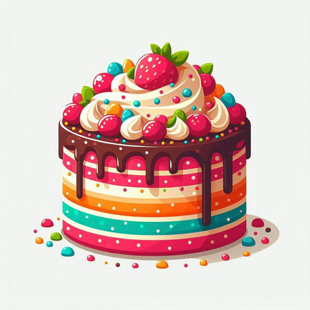 Birthday cake with cream and berries on a white background. Vector illustration.のイラスト素材
