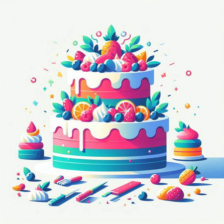 Colorful birthday cake with fruits, berries and confetti. Vector illustration.のイラスト素材