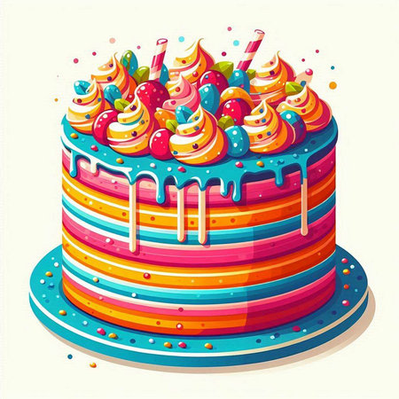 Illustration of a colorful birthday cake on a white background with confettiのイラスト素材