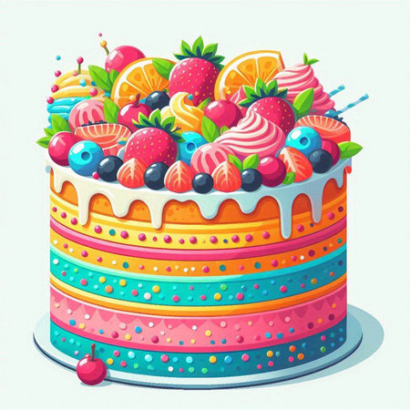 Colorful birthday cake with berries. Vector illustration in cartoon style.のイラスト素材