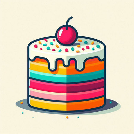 Rainbow cake with cherry on top. Vector illustration in cartoon style.のイラスト素材
