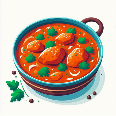 Tomato soup with meatballs and parsley. Vector illustration.のイラスト素材