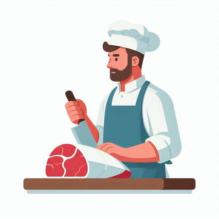Chef cutting meat. Flat style vector illustration isolated on white background.のイラスト素材