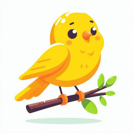 Cute yellow bird on a branch isolated on white background. Vector illustration.のイラスト素材