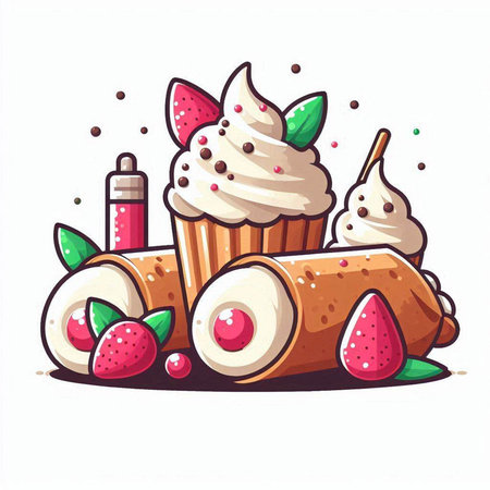 Cupcake with whipped cream, strawberry and cherry. Vector illustration.のイラスト素材