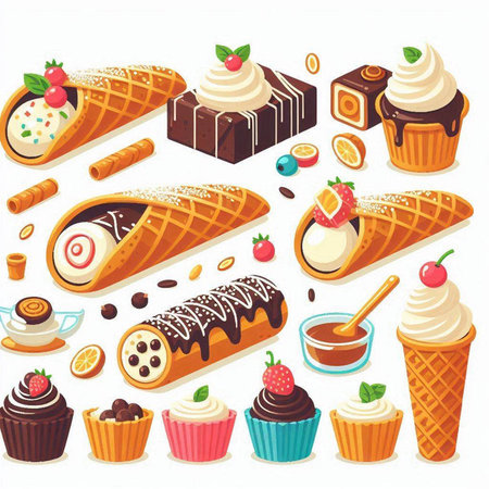 Cake and dessert vector set. Sweets and desserts with cream, chocolate, strawberry, cherry, ice cream, chocolate, vanilla, caramel.のイラスト素材