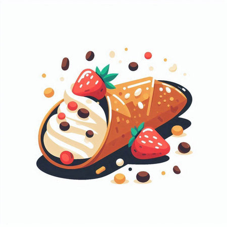 Vector illustration of a piece of cake with cream and strawberries on a white backgroundのイラスト素材