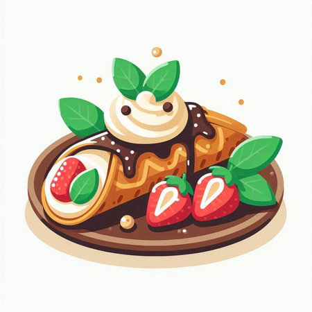 Strawberry strudel with cream and mint. Vector illustrationのイラスト素材