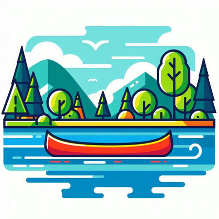 Colorful vector illustration of a canoe on the river with trees in the backgroundのイラスト素材