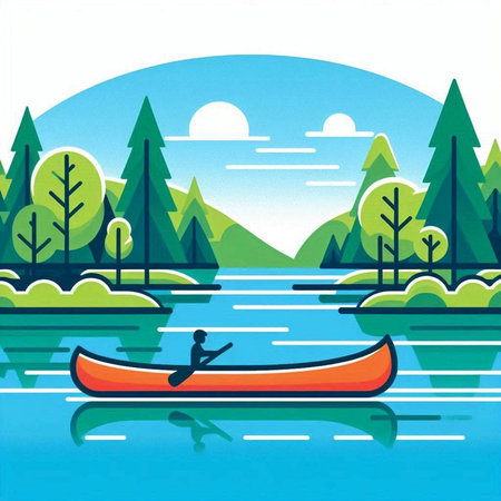 Kayak on the lake in the forest. Vector illustration in flat styleのイラスト素材