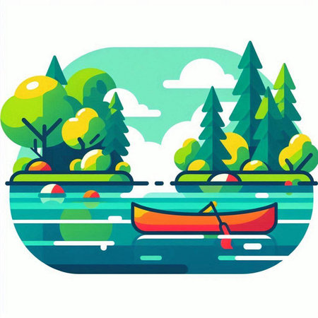 Flat design vector illustration of a lake with a boat and treesのイラスト素材