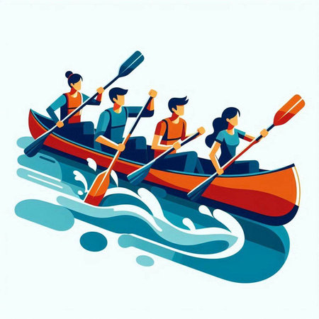 Group of people rowing on the river. Vector illustration in flat styleのイラスト素材