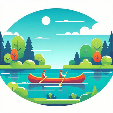 Kayak on the lake. Vector illustration in flat design style.のイラスト素材