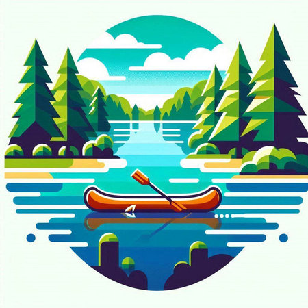 Kayak on the river and coniferous forest. Vector illustration.のイラスト素材