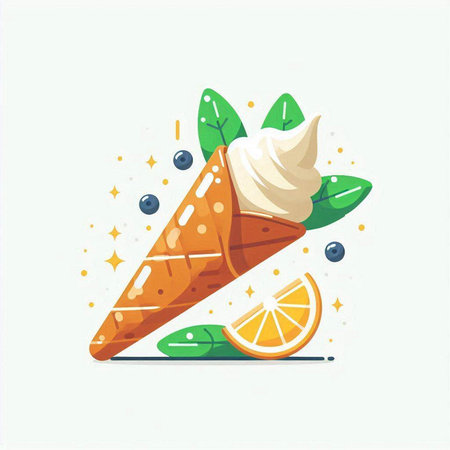 Ice cream cone with mint leaves, orange and berries. Vector illustration.のイラスト素材
