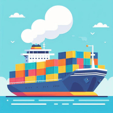 Cargo ship in the sea. Flat style vector illustration. Cargo transportation.のイラスト素材