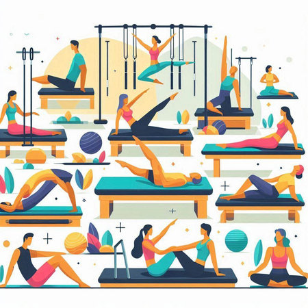 Yoga and pilates set with people doing different exercises. Vector illustration in flat styleのイラスト素材