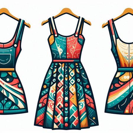 Fashionable woman's dress on hangers. Vector illustration.のイラスト素材