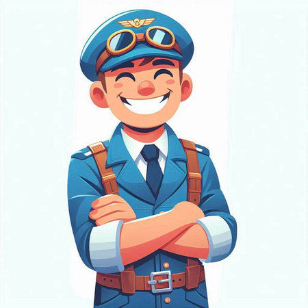 Vector cartoon illustration of happy boy in pilot's hat and uniform.のイラスト素材