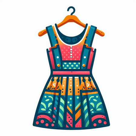 Colorful summer dress with a pattern on a hanger. Vector illustrationのイラスト素材
