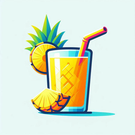 Pineapple juice in a glass with a straw. Vector illustration.のイラスト素材