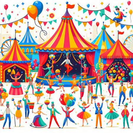 Circus festival with clowns and confetti. Vector illustration.のイラスト素材