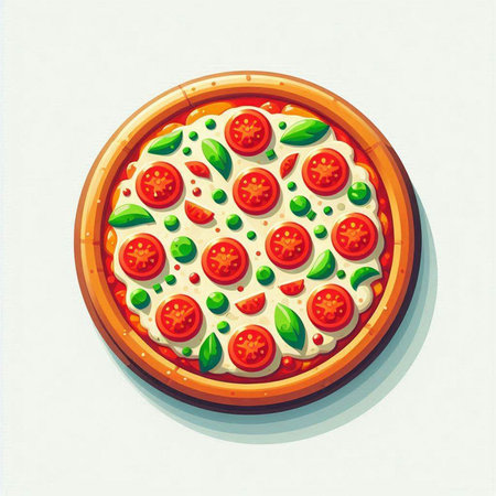 Pizza with mozzarella, tomatoes and green peas. Vector illustration.のイラスト素材