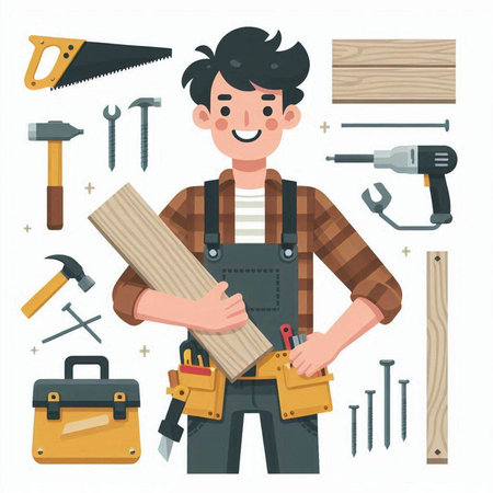 Carpenter with different tools. Vector illustration in cartoon style.のイラスト素材