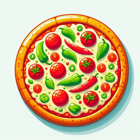 Pizza with tomato, pepper and olives. Vector illustration.のイラスト素材