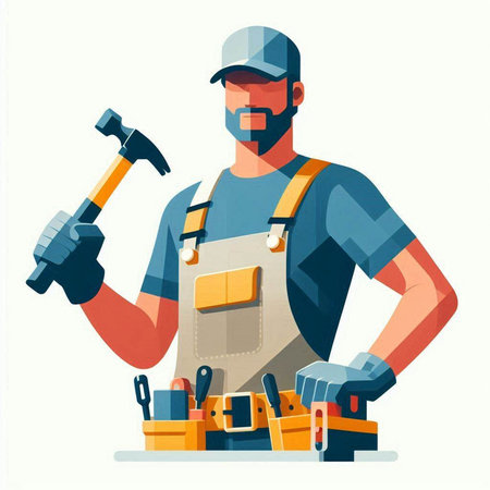 Handyman with hammer and tools. Vector illustration in cartoon styleのイラスト素材