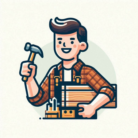 Carpenter with hammer and tools. Vector illustration in cartoon styleのイラスト素材