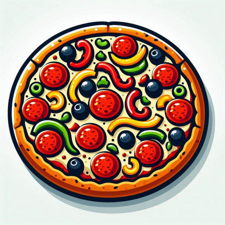 Pizza with tomato, pepper and olives. Vector illustration.のイラスト素材