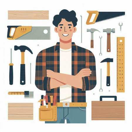 Handyman with different tools. Vector illustration in flat style.のイラスト素材