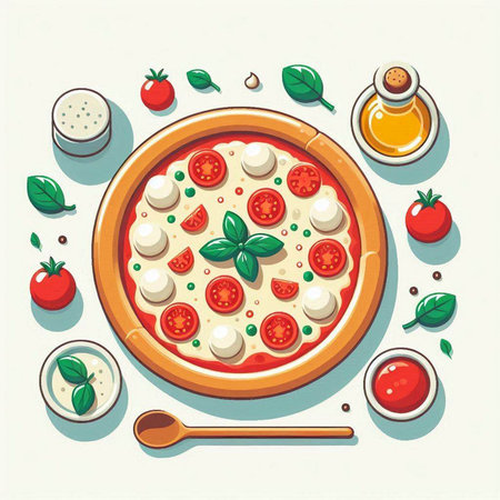 Pizza with mozzarella, tomatoes and basil. Vector illustrationのイラスト素材