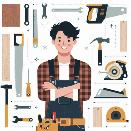 Carpenter with tools. Vector illustration in flat cartoon style.のイラスト素材