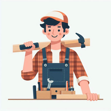 Carpenter working with a wooden plank. Vector illustration in cartoon style.のイラスト素材
