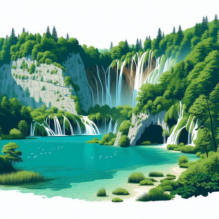 Waterfalls in the forest. Landscape with a waterfall. Vector illustration.のイラスト素材