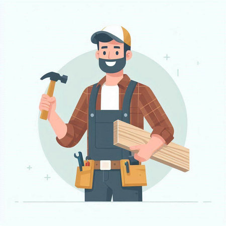 Carpenter with hammer and saw. Vector illustration in flat styleのイラスト素材
