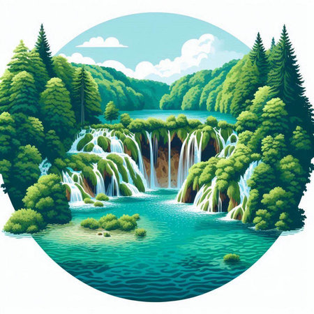 Waterfall in the forest. Waterfall in the forest. Vector illustration.のイラスト素材