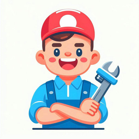 Cartoon mechanic with wrench. Vector illustration in a flat style.のイラスト素材
