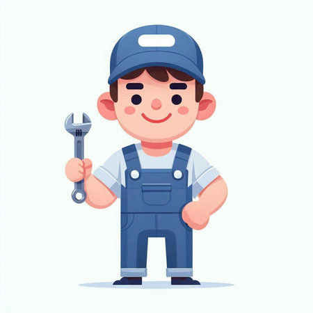 Repairman in uniform holding wrench. Vector illustration in cartoon styleのイラスト素材