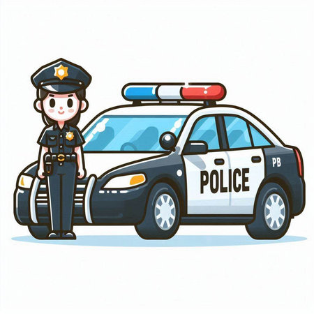 Police car and police woman on white background. Vector cartoon illustration.のイラスト素材