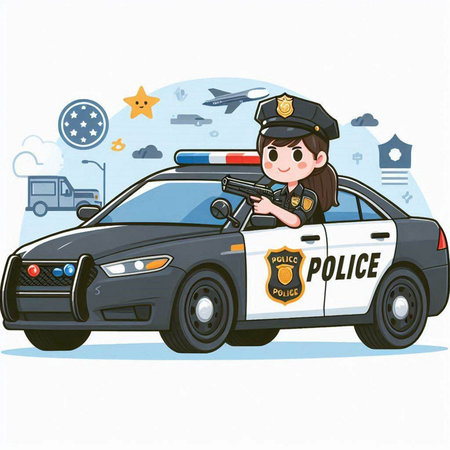 police girl and police car on the background of the city, vector illustrationのイラスト素材