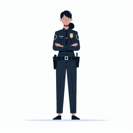 Female police officer standing with crossed arms. Vector illustration in flat style.のイラスト素材