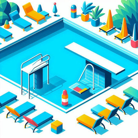 Swimming pool isometric composition with swimming pool and lounge chairs vector illustrationのイラスト素材