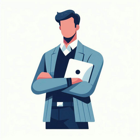 Businessman with laptop in hand. Vector illustration in flat style.のイラスト素材